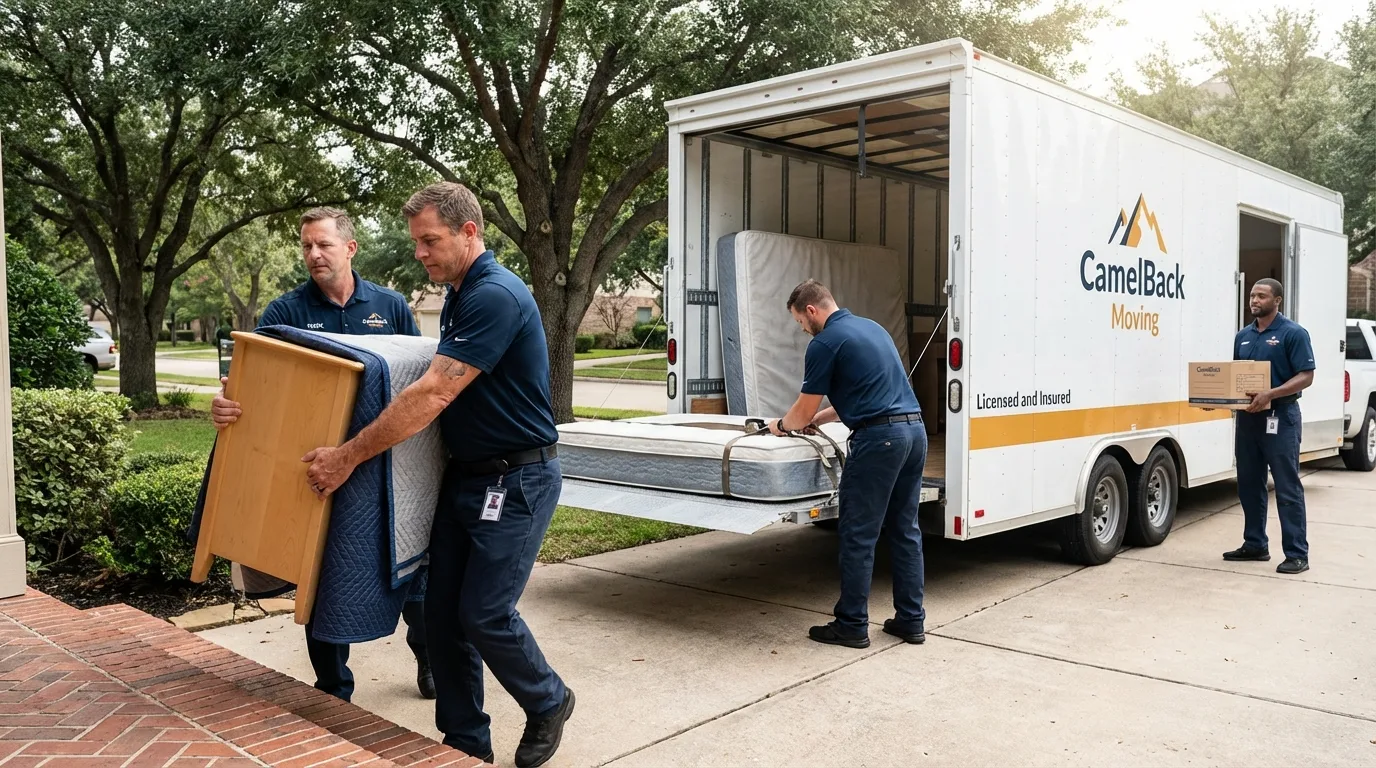 Crew loading residential truck for cross-state move from Lindenhurst, NY