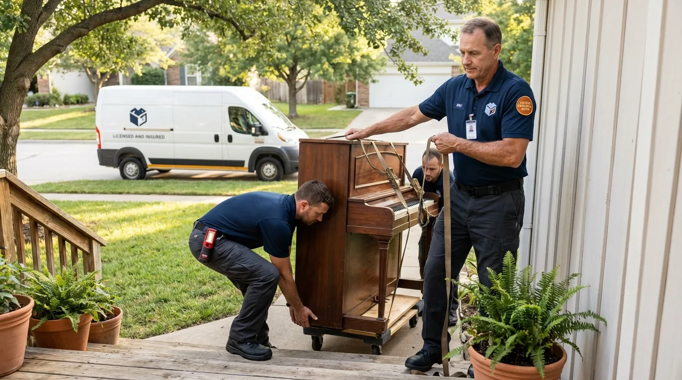 Licensed piano movers securing grand piano in Lindenhurst, NY