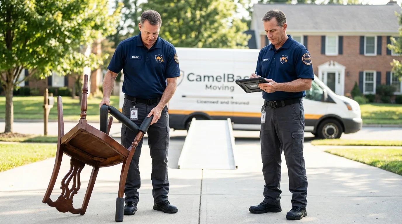 Movers inspecting furniture for damage prevention before loading in Lindenhurst, NY