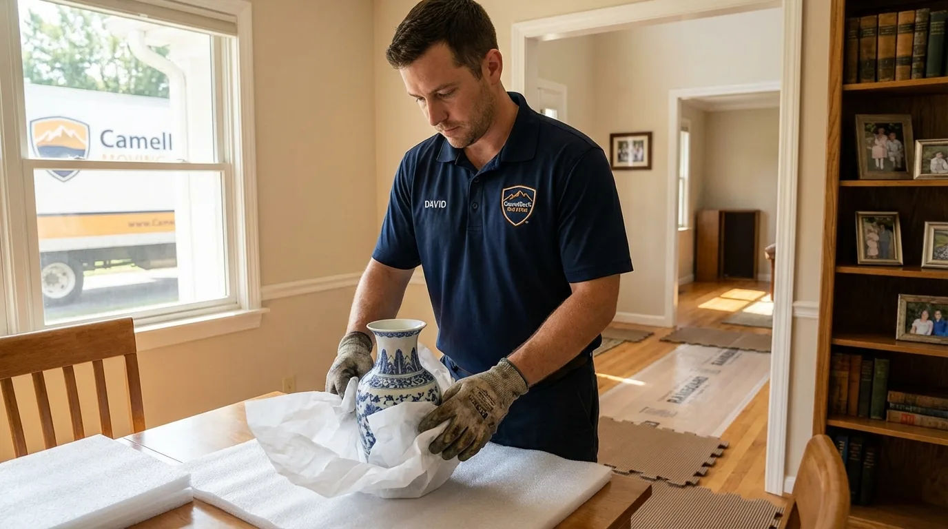 Professional crew carefully wrapping antique vase for senior downsizing move in Lindenhurst, NY