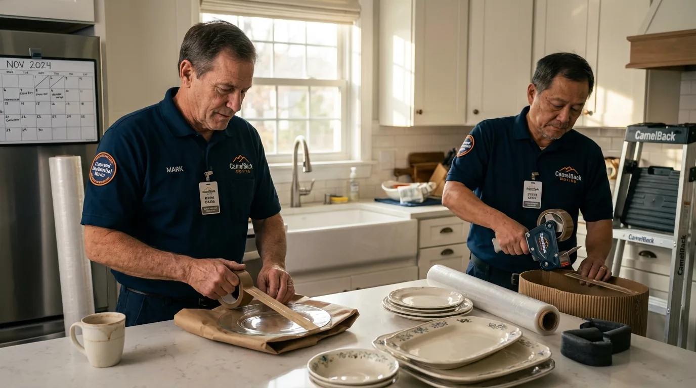 Professional crew packing kitchen dishware in Lindenhurst, NY